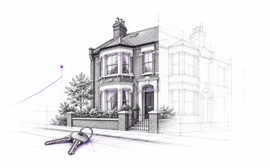 Sketch of a first buy-to-let terraced house with keys, a second house outlined beside it
