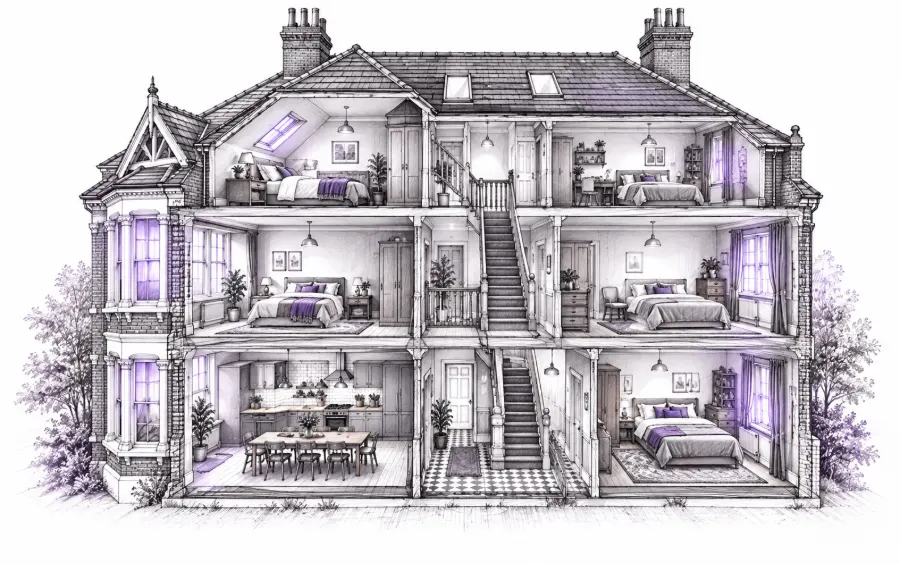 Cut-away sketch of a Victorian house converted into an HMO with separate bedrooms and a shared kitchen