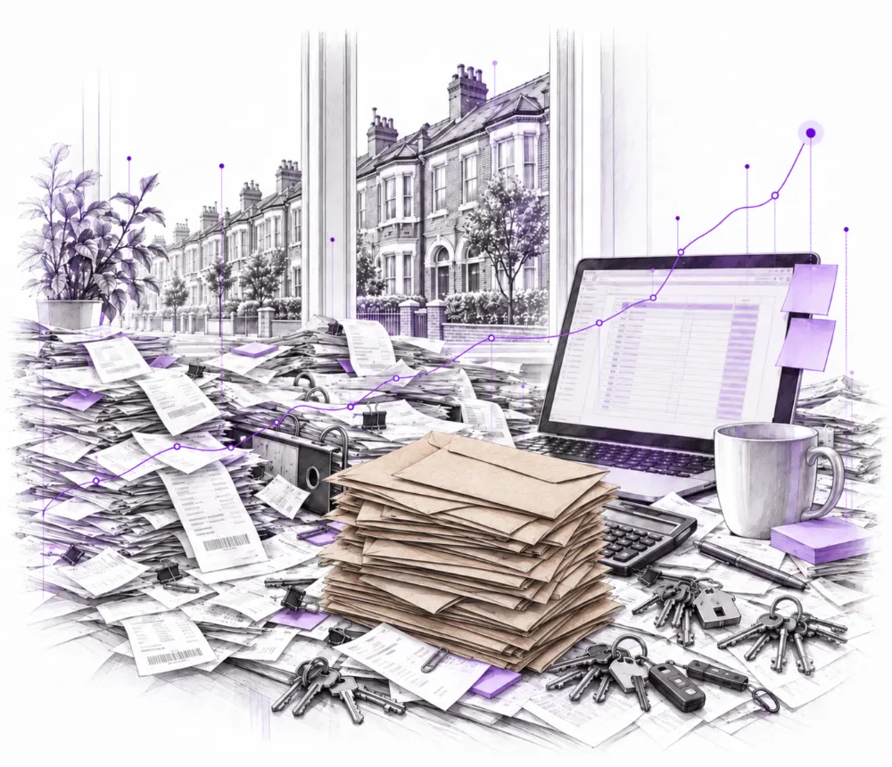 Landlord's desk covered in receipts, invoices and tax letters, with rental houses outside the window