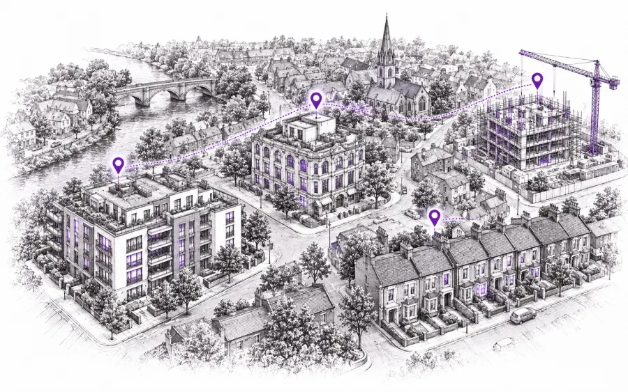 Sketch of a property portfolio from above: a block of flats, an office conversion, a building site and terraced houses